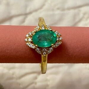 Ethiopian AAA emerald, diamond ring in YG over sterling silver size 8, 1.25cwt